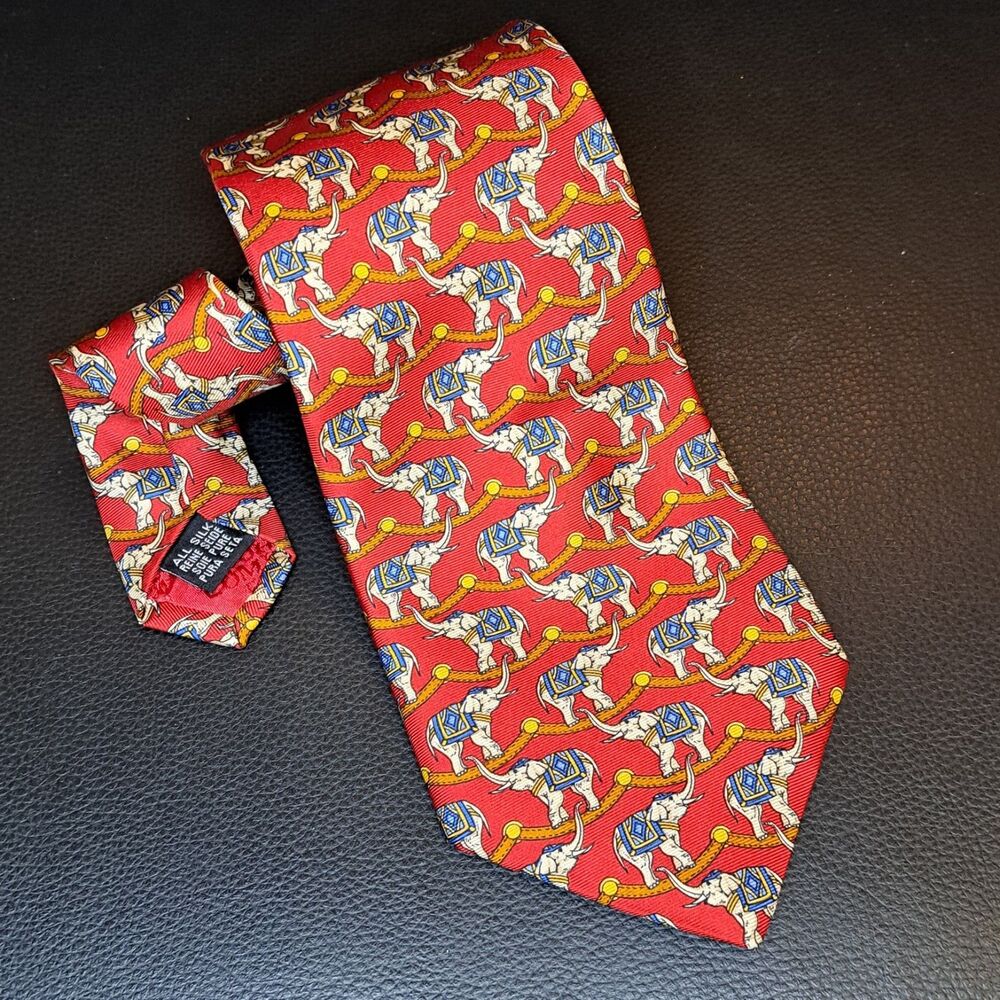 Vintage John Comfort London England 100% Silk Mens Tie Elephants Maroon Red